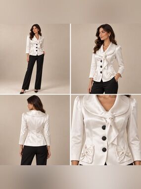 Vintage Tahari Arthur S. Levine Ivory Satin Bow Blazer Rhinestone Buttons Size 6